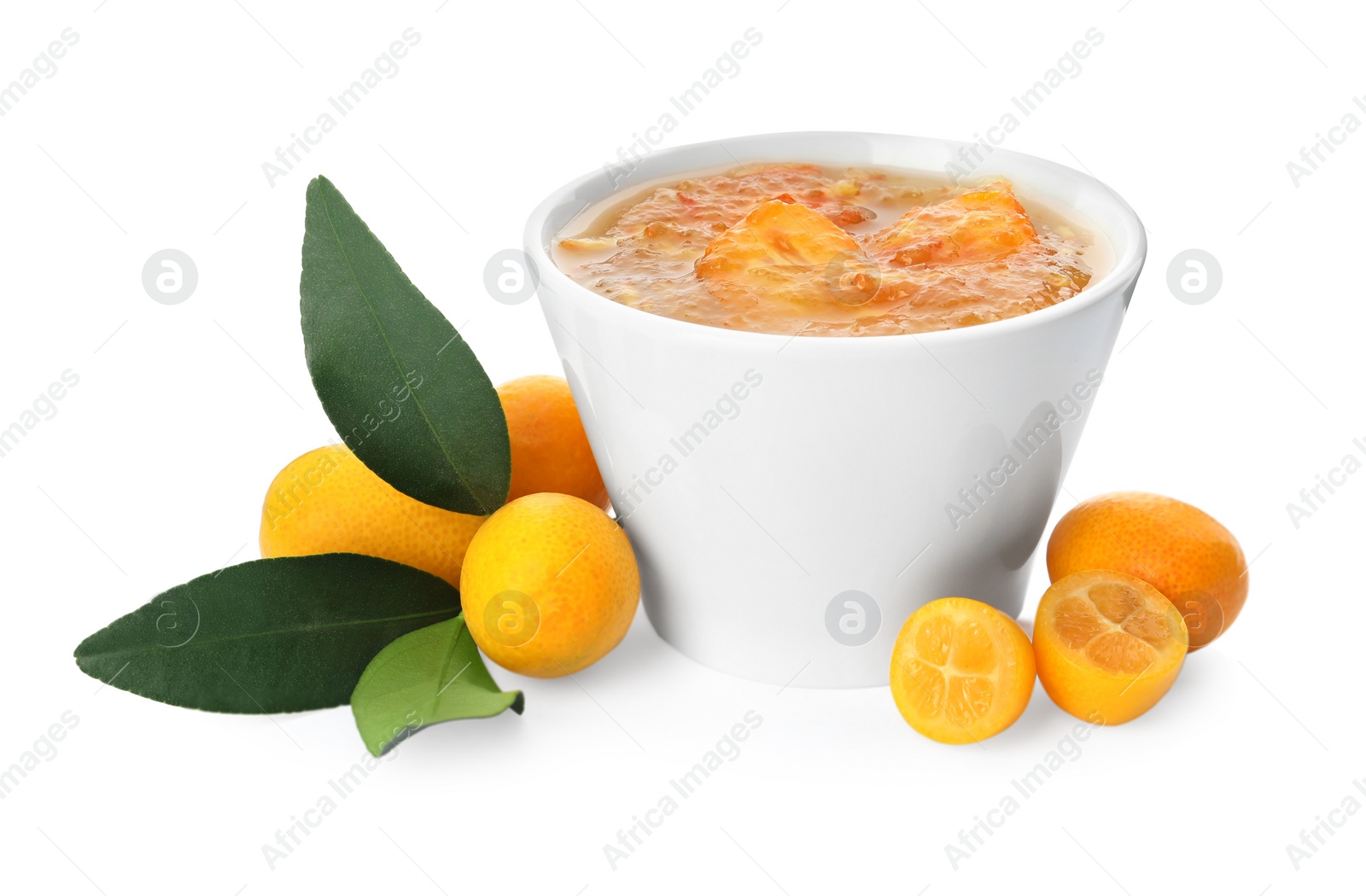 Photo of Delicious kumquat jam in bowl and fresh fruits on white background