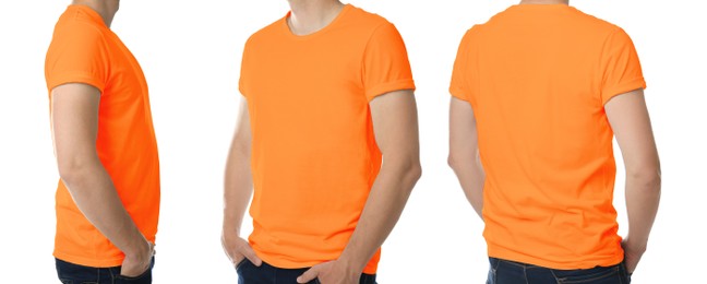 Image of Man wearing orange t-shirt on white background, banner design. Mockup for design