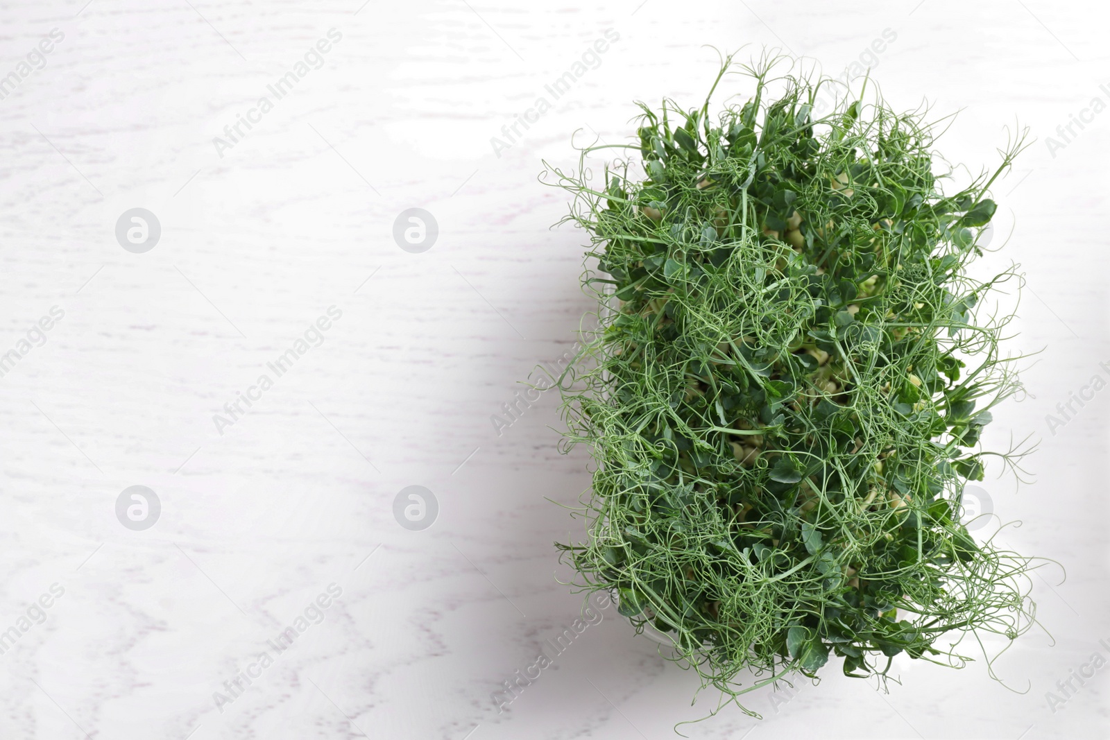 Photo of Fresh organic microgreen on white background, top view. Space for text