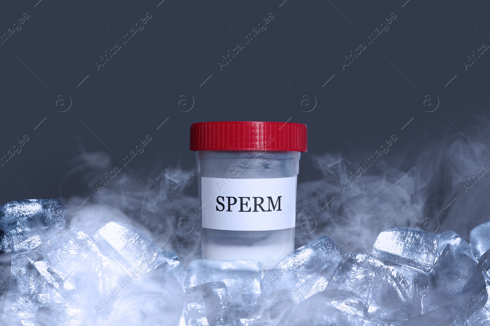 Image of Cryopreservation. Container with sperm and ice cubes on grey background. Frost effect