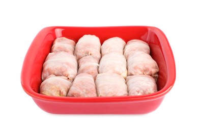 Stuffed cabbage rolls in baking dish isolated on white