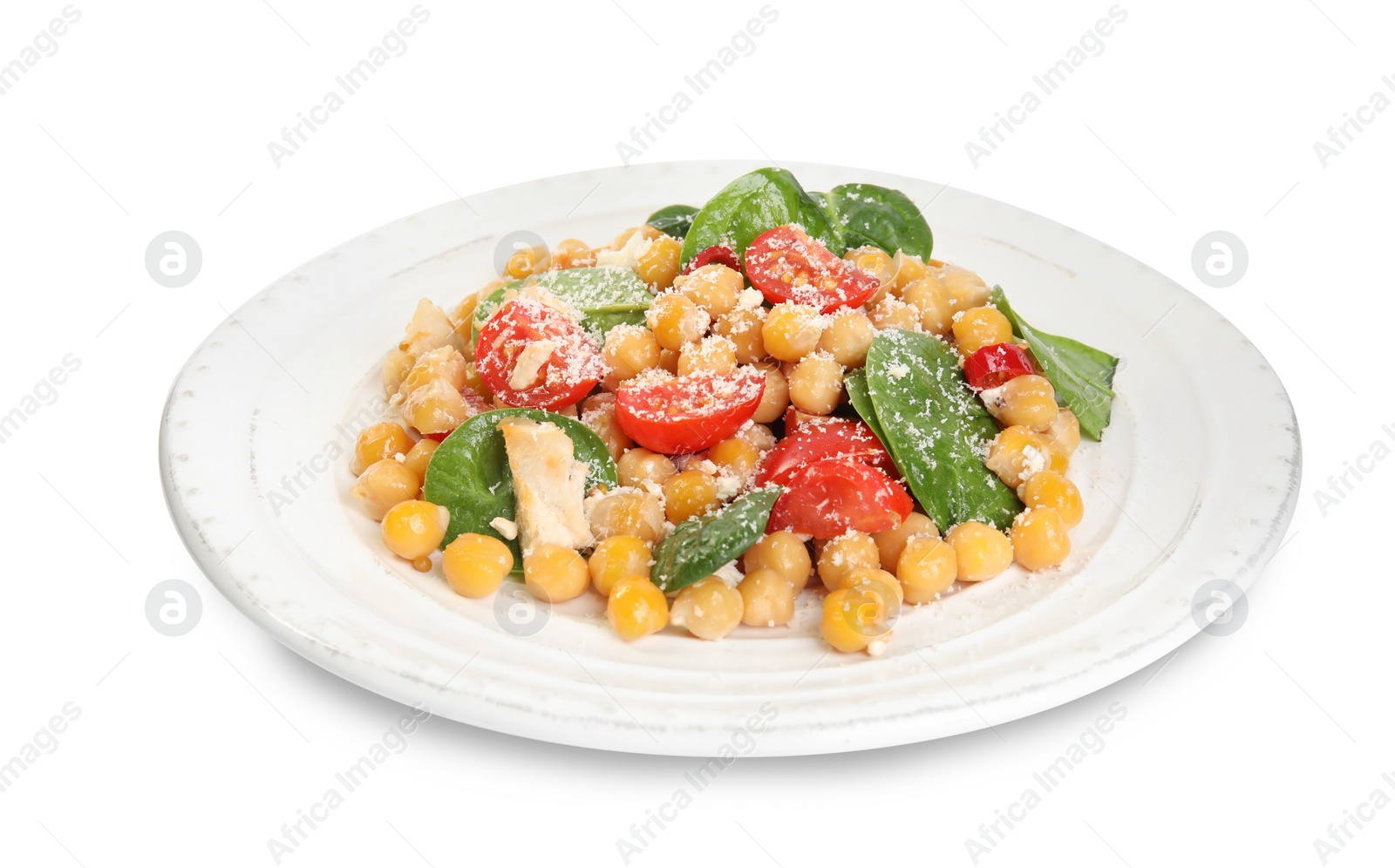 Photo of Plate with delicious fresh chickpea salad isolated on white