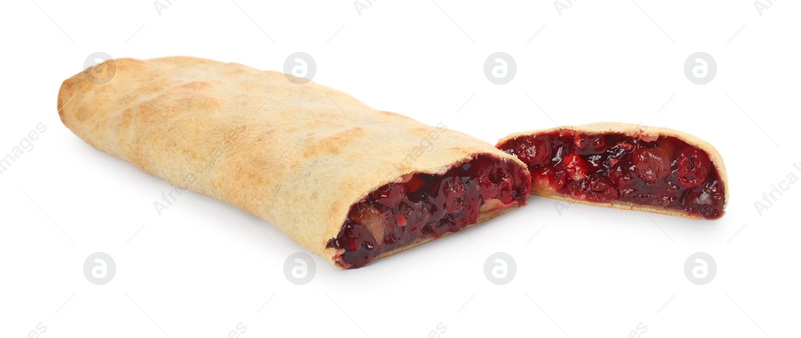 Photo of Delicious strudel with cherries isolated on white