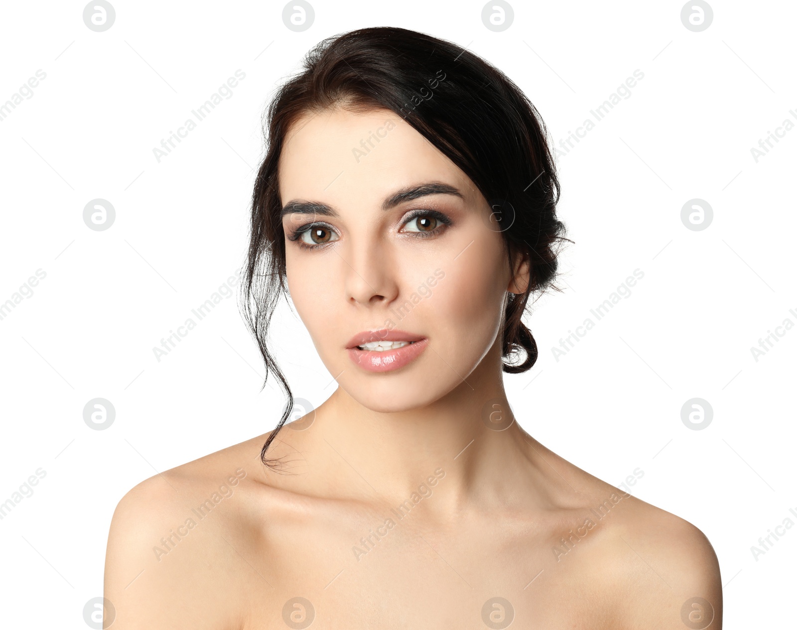 Photo of Portrait of young woman with beautiful hair on white background