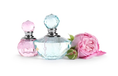 Photo of Bottles of luxury perfume and beautiful flower isolated on white