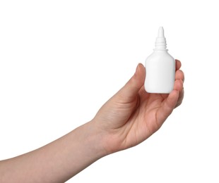 Photo of Woman holding nasal spray on white background, closeup