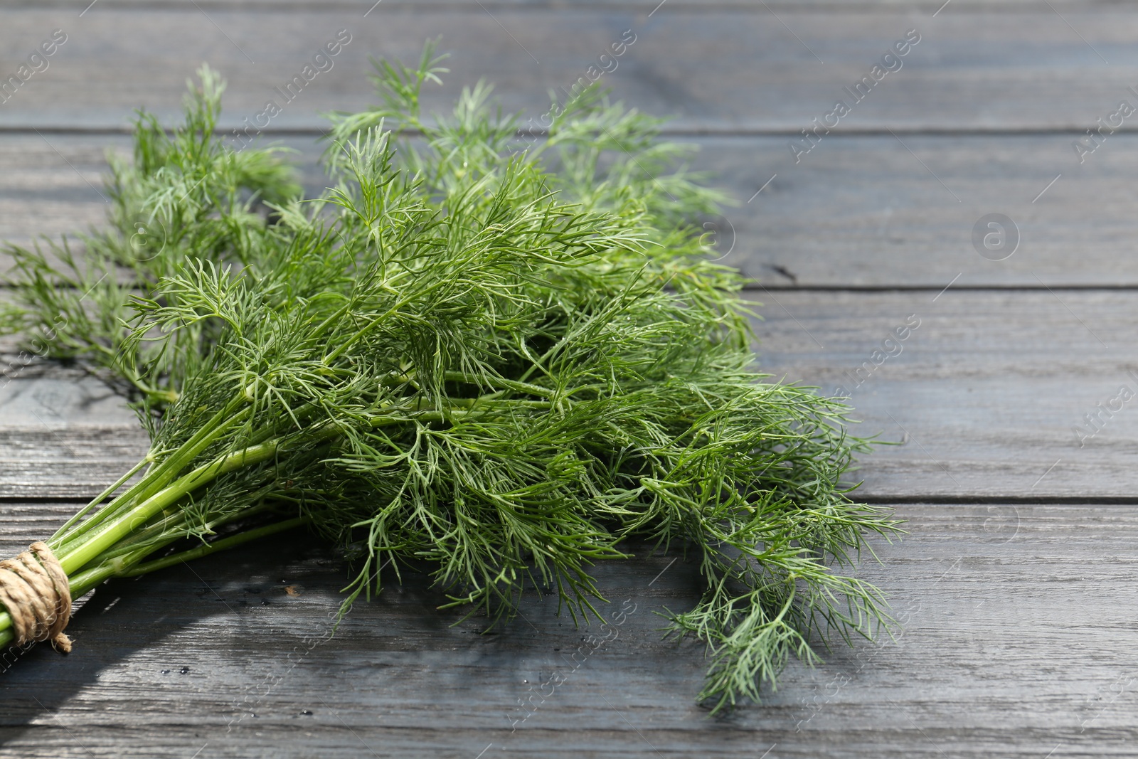 Photo of Bunch of fresh green dill on grey wooden table, closeup. Space for text