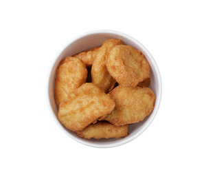 Photo of Bucket with tasty chicken nuggets isolated on white, top view