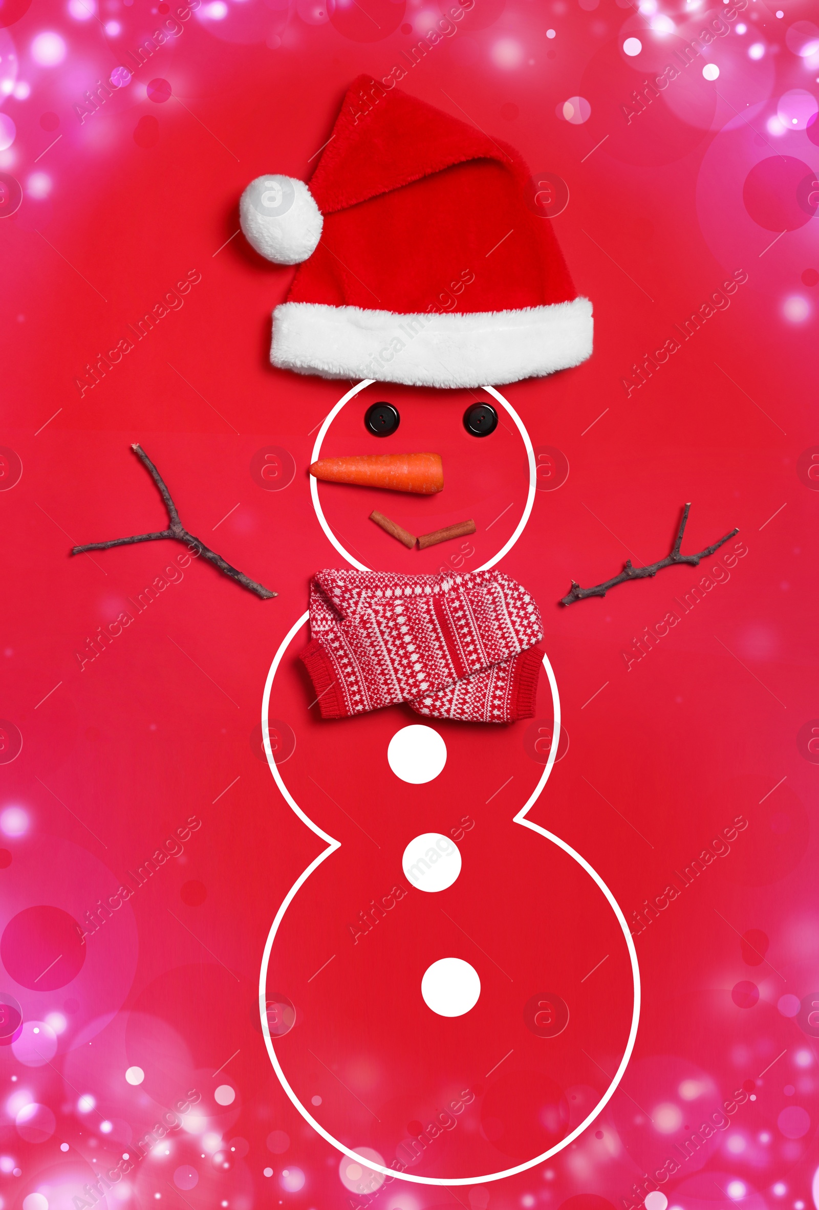 Image of Snowman with Santa hat and scarf on red background, flat lay. Bokeh effect