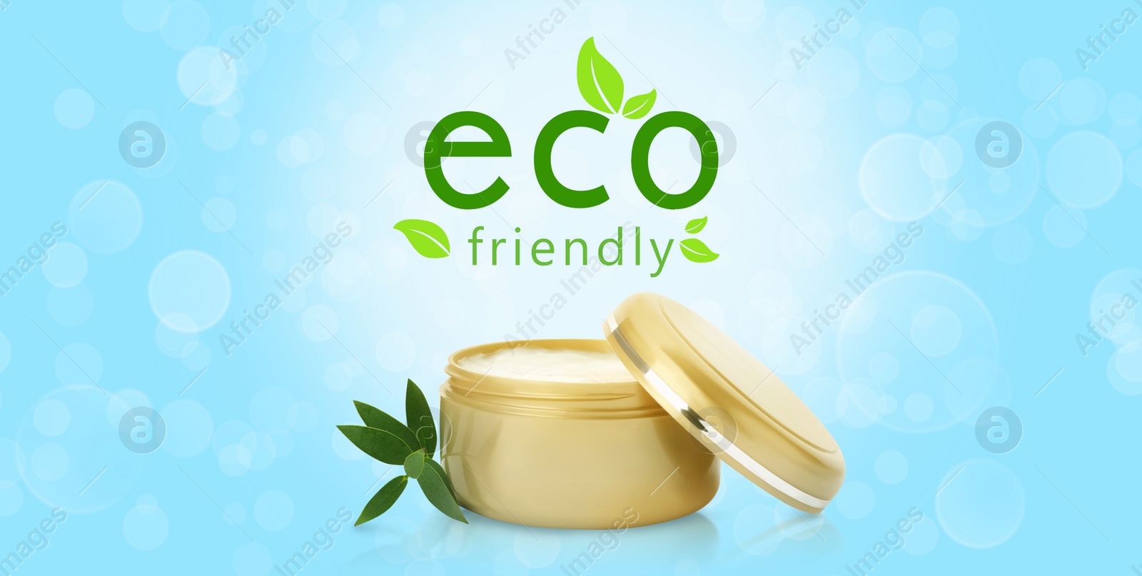 Image of Organic eco friendly cosmetic product on light blue background, banner design