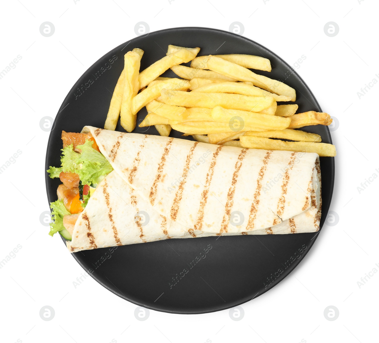 Photo of Plate with delicious chicken shawarma and French fries isolated on white, top view
