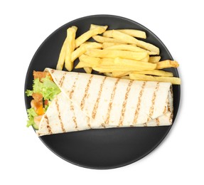 Plate with delicious chicken shawarma and French fries isolated on white, top view