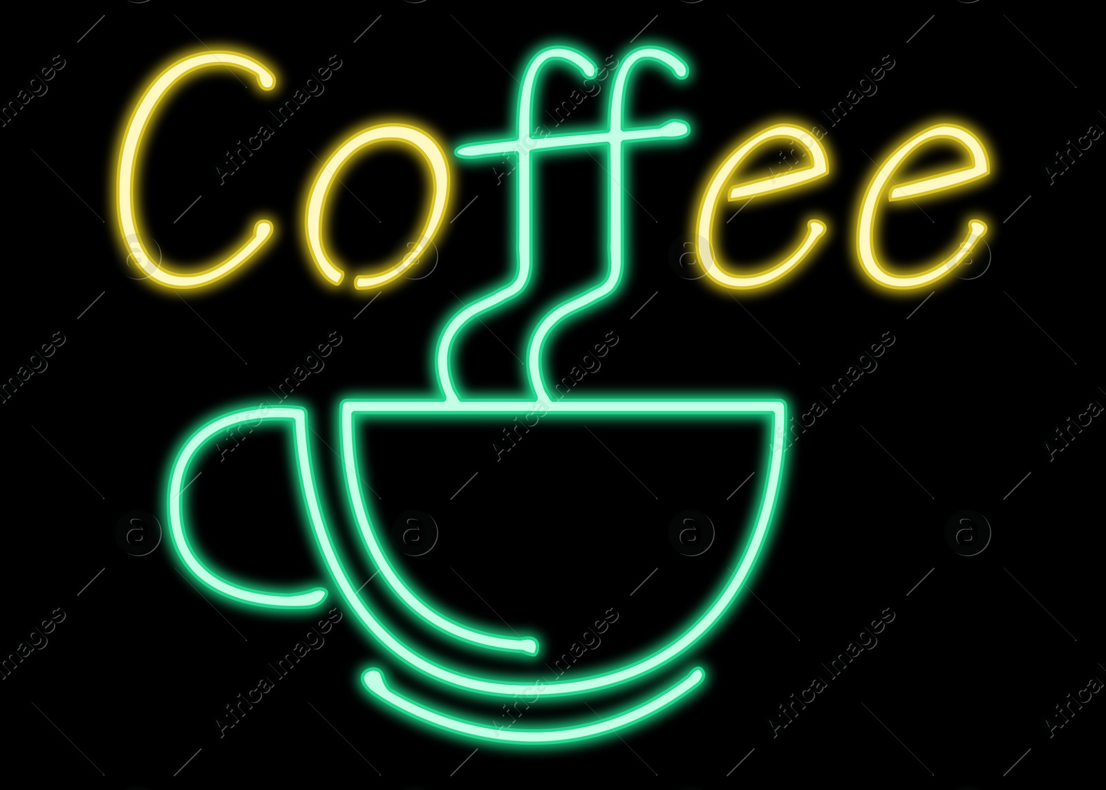 Illustration of Glowing neon sign with cup and word Coffee on black background