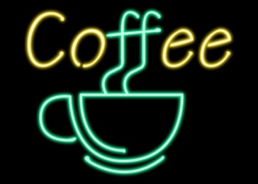 Illustration of Glowing neon sign with cup and word Coffee on black background