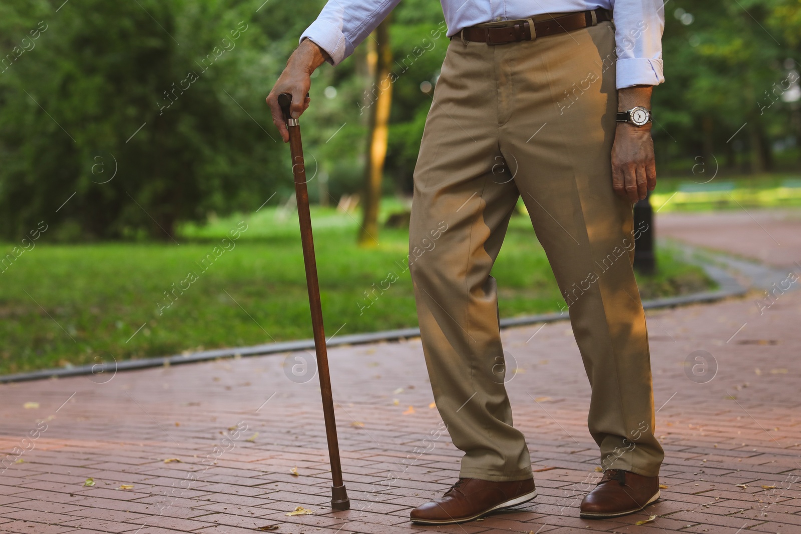 Photo of Senior man with walking cane outdoors, closeup