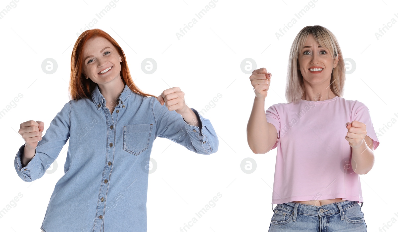 Image of Emotional women pretending to drive car on white background, collage. Banner design