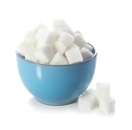 Refined sugar cubes in bowl on white background