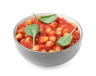 Photo of Delicious chickpea curry with basil on white background