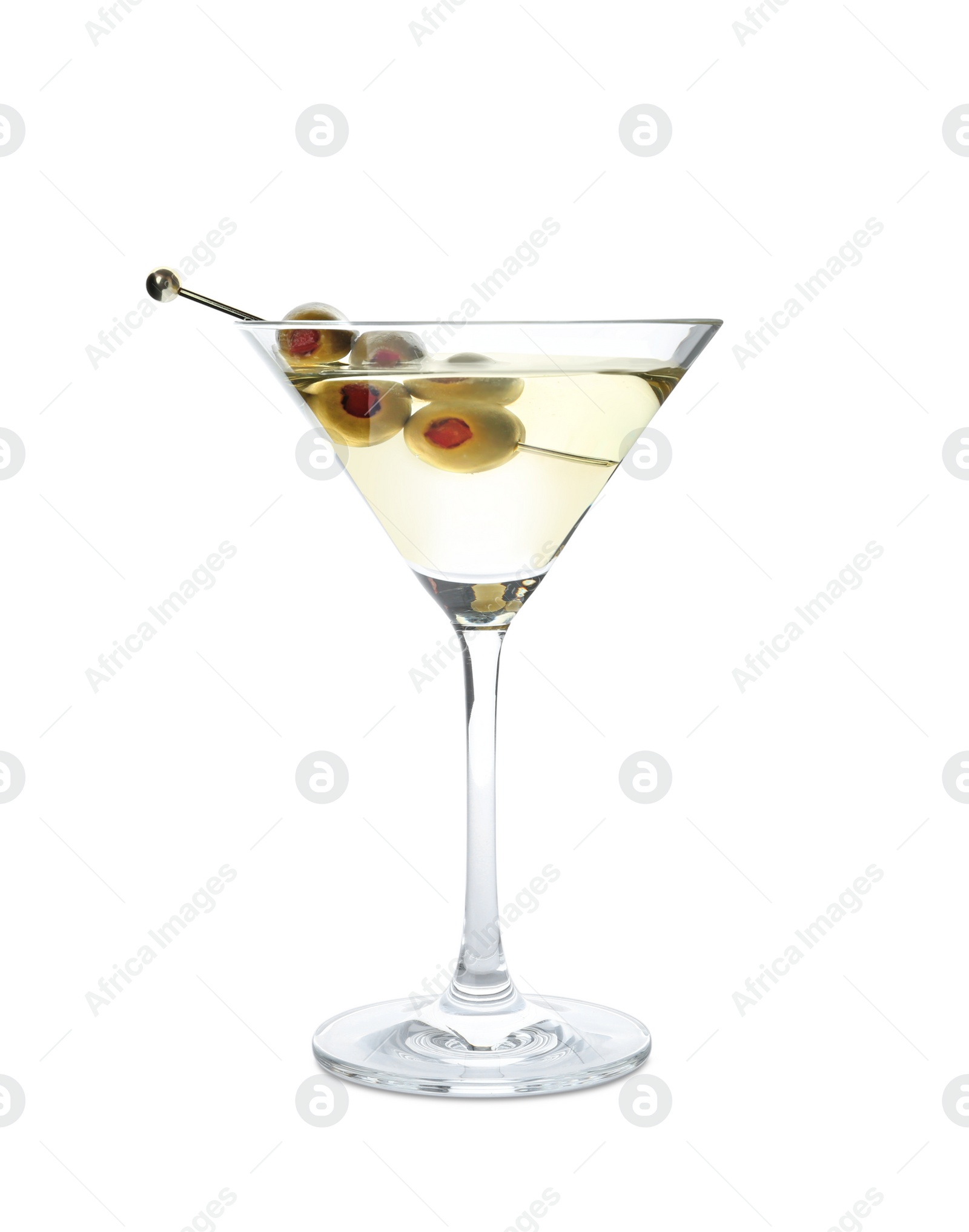Photo of Glass of Classic Dry Martini with olives on white background