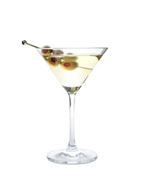 Glass of Classic Dry Martini with olives on white background