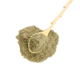 Hemp protein powder and spoon on white background, top view