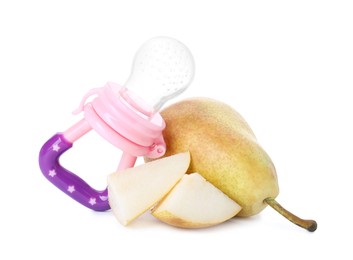 Photo of Empty nibbler and pears on white background. Baby feeder