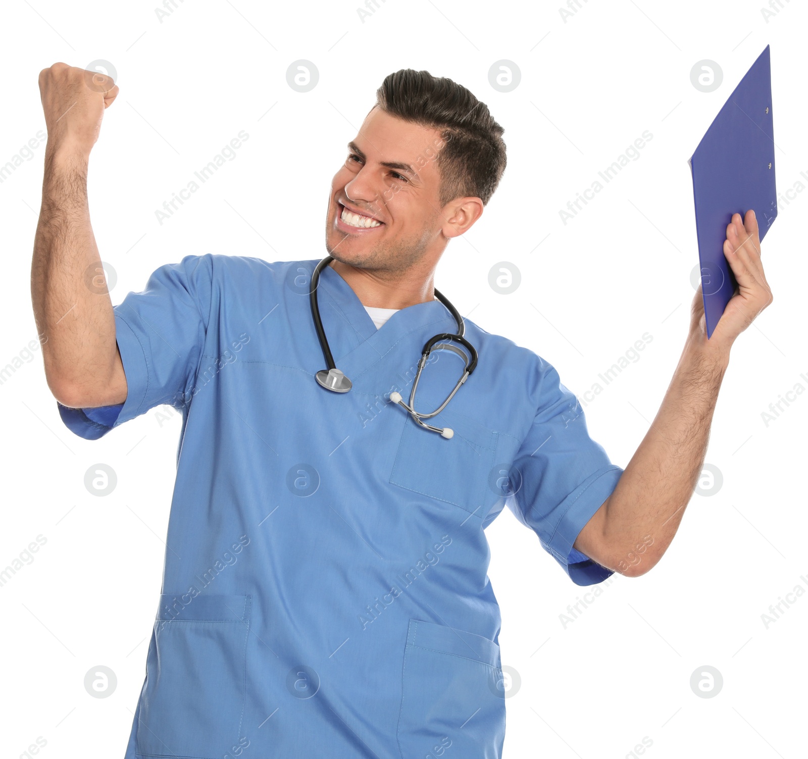 Photo of Portrait of emotional medical doctor with clipboard and stethoscope isolated on white