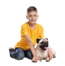Boy with his cute pug on white background