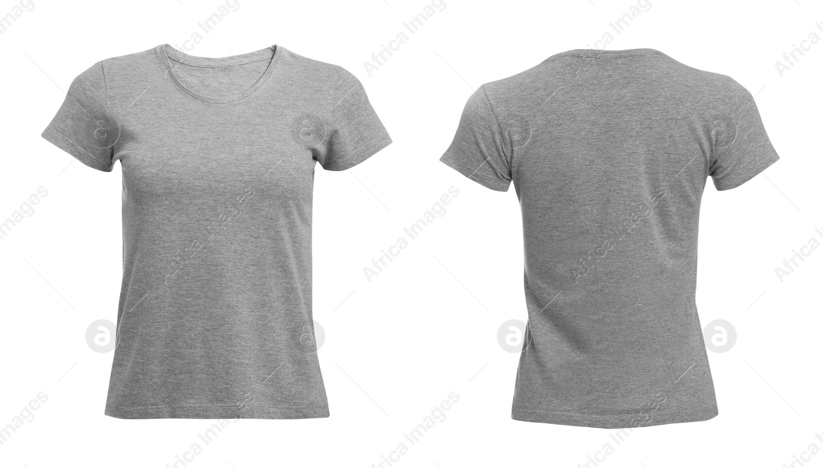 Image of Stylish gray t-shirt on white background, front and back views. Space for design