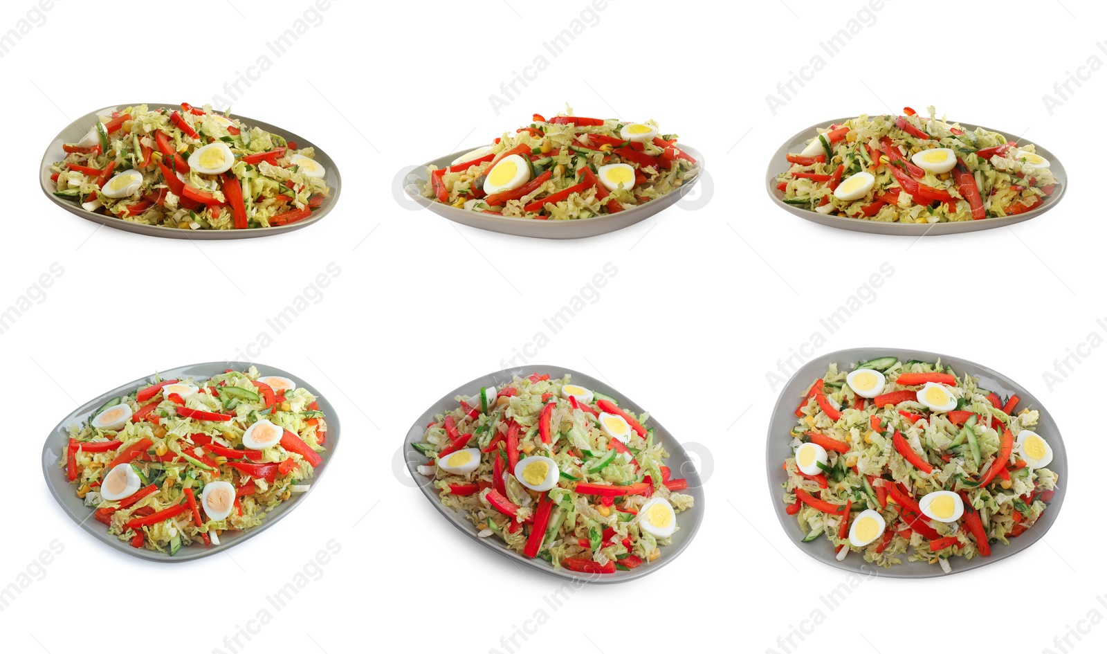 Image of Plates of tasty salad with Chinese cabbage and eggs on white background, different sides. Collage design