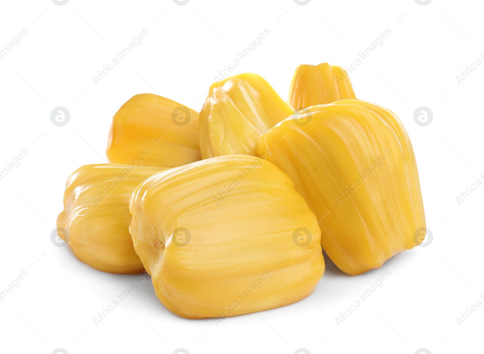 Photo of Delicious exotic jackfruit bulbs on white background