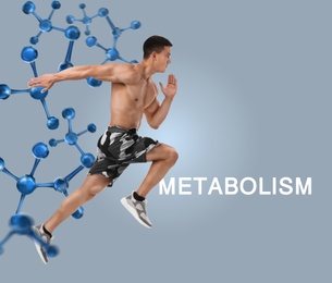 Image of Metabolism concept. Molecular chain illustration and athletic young man running on grey background 
