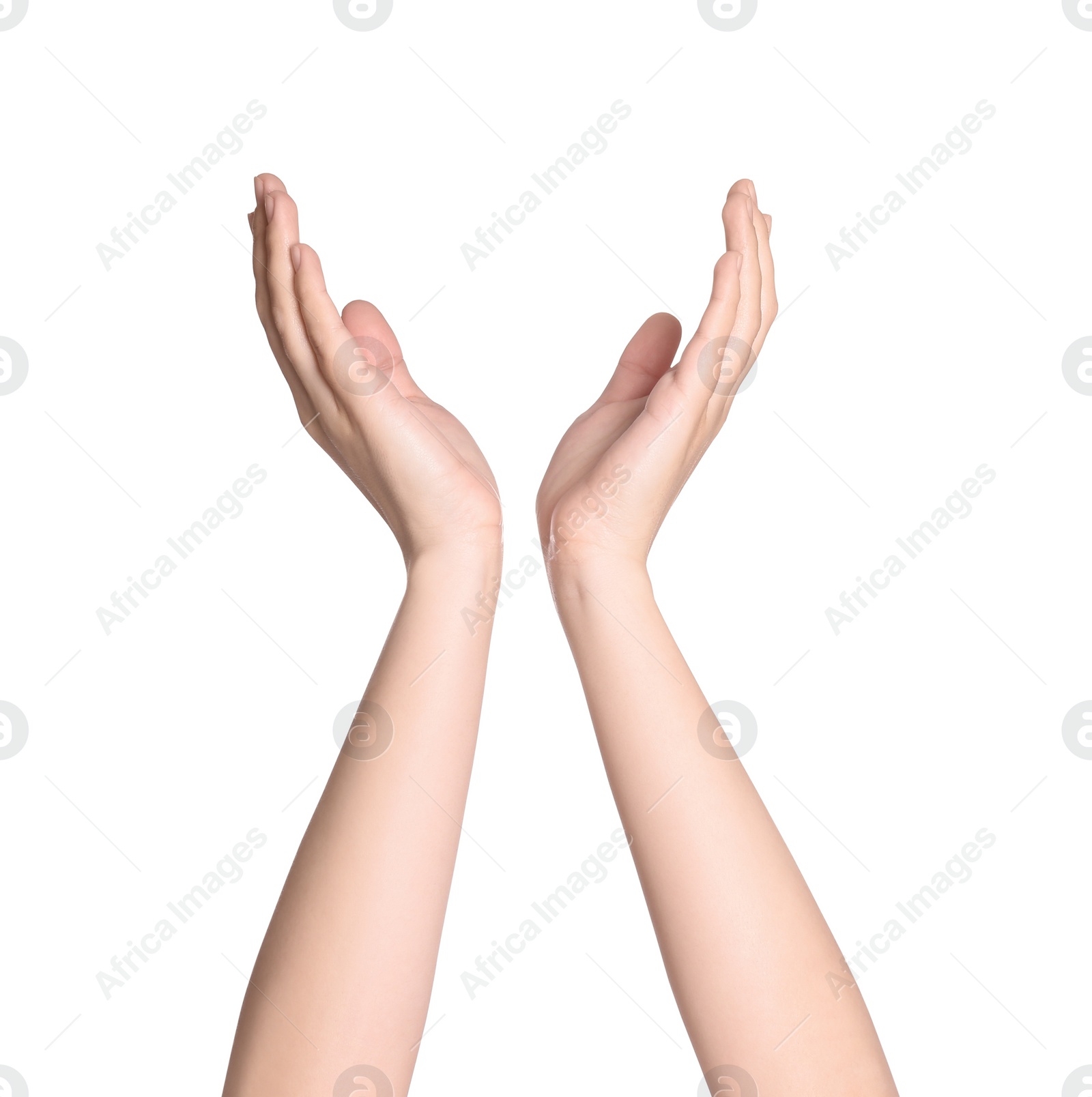 Photo of Woman against white background, closeup on hands