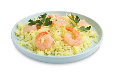 Photo of Delicious risotto with shrimps and parsley isolated on white