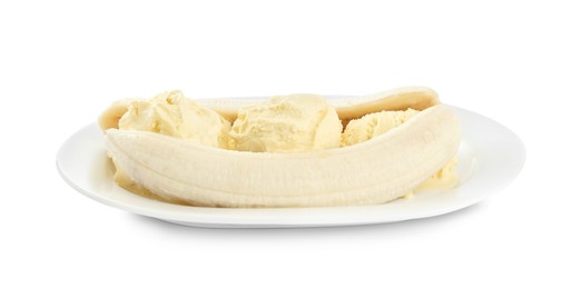 Photo of Delicious banana split ice cream isolated on white