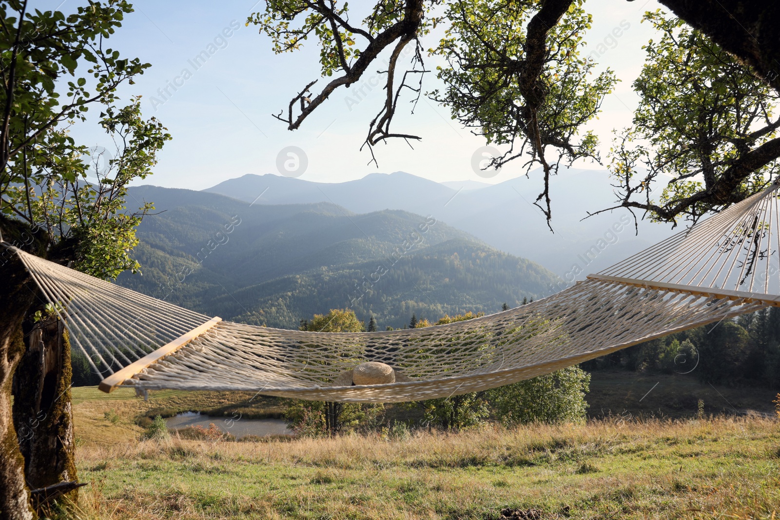 Photo of Comfortable net hammock in mountains on sunny day