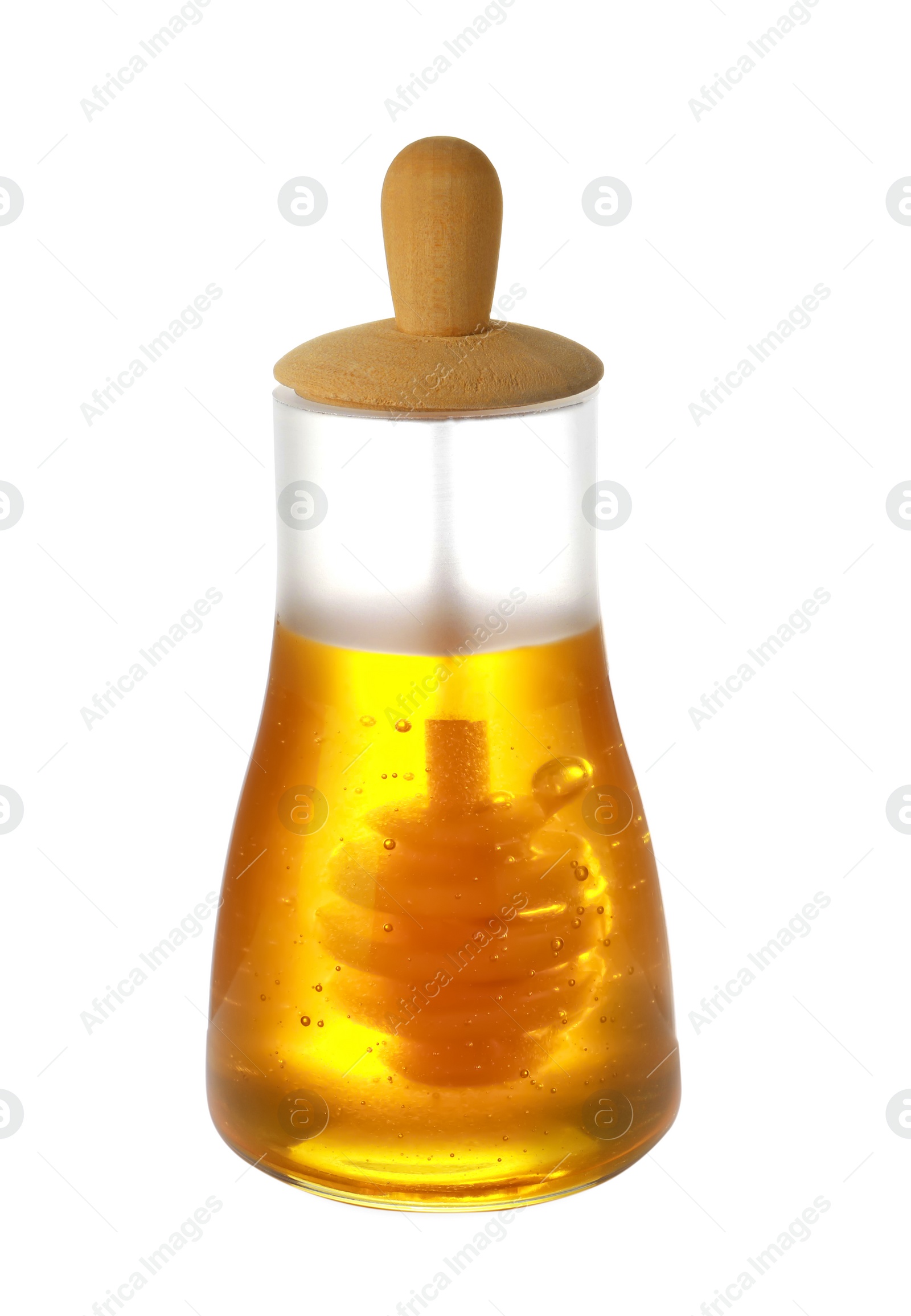 Photo of Jar with organic honey and dipper isolated on white