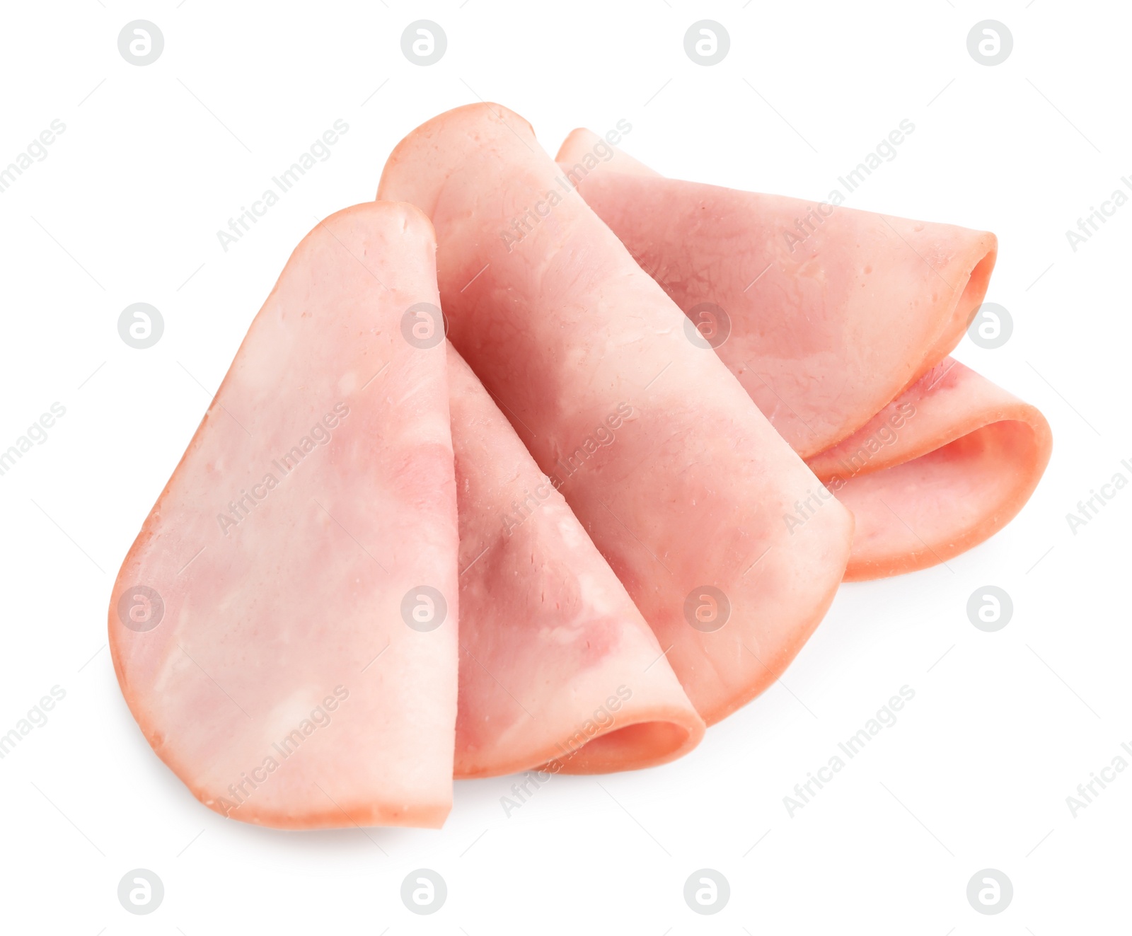 Photo of Slices of tasty fresh ham isolated on white