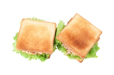 Delicious sandwiches with tuna and lettuce leaves on white background, top view