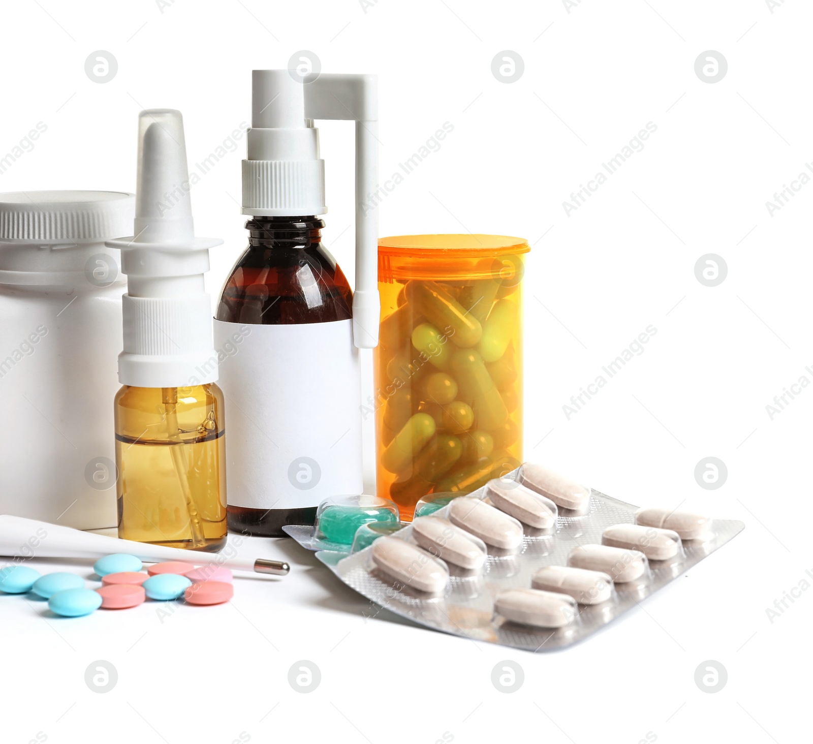 Photo of Pills and drugs for cold on white background