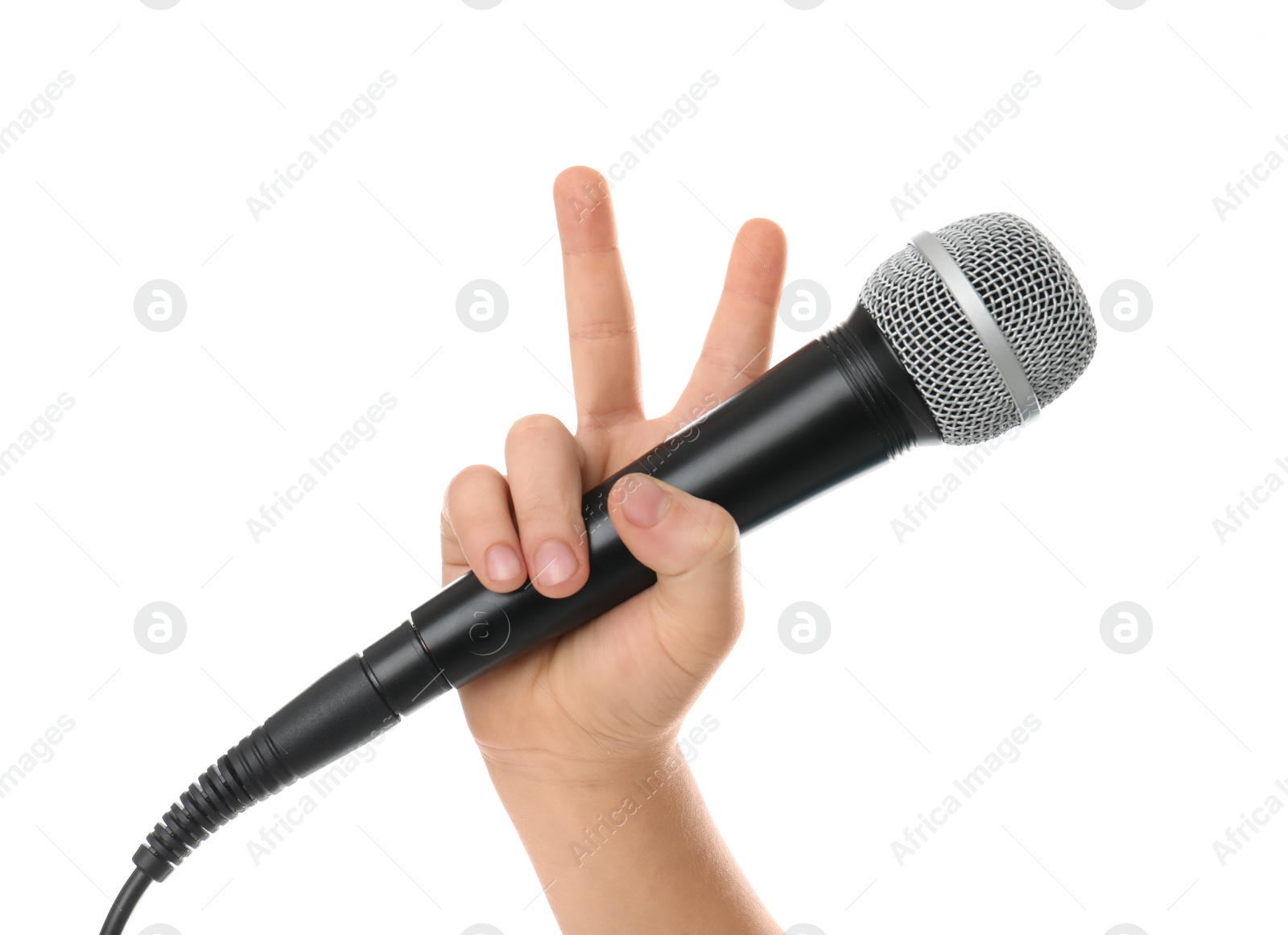 Photo of Child holding microphone on white background, closeup of hand