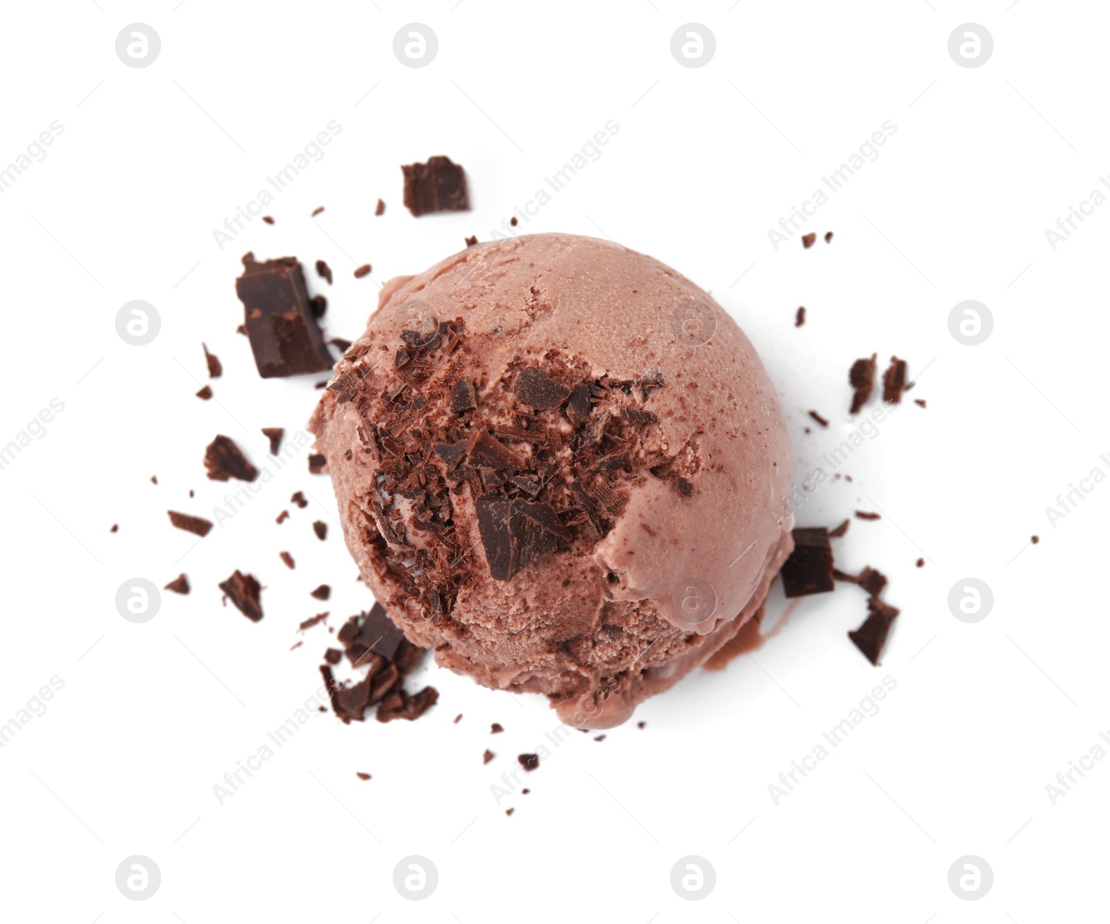 Photo of Scoop of tasty ice cream with chocolate chunks isolated on white, top view