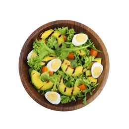 Photo of Delicious avocado salad with boiled eggs in bowl on white background, top view