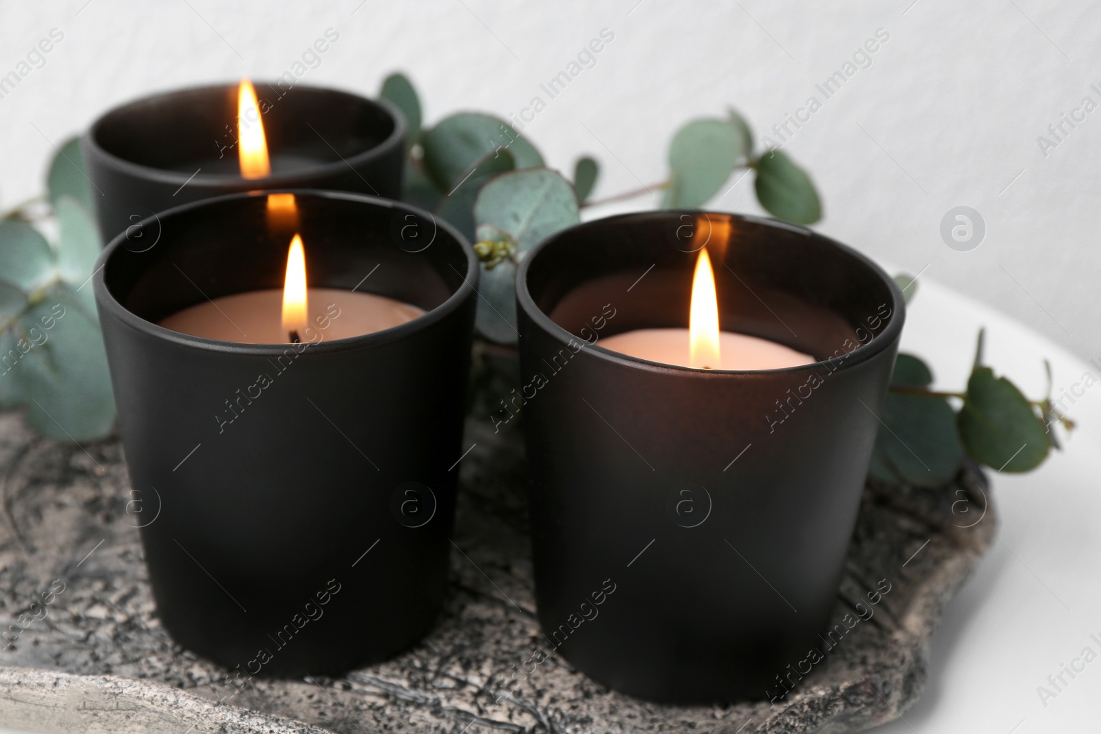 Photo of Tray with burning candles and branches on table, closeup