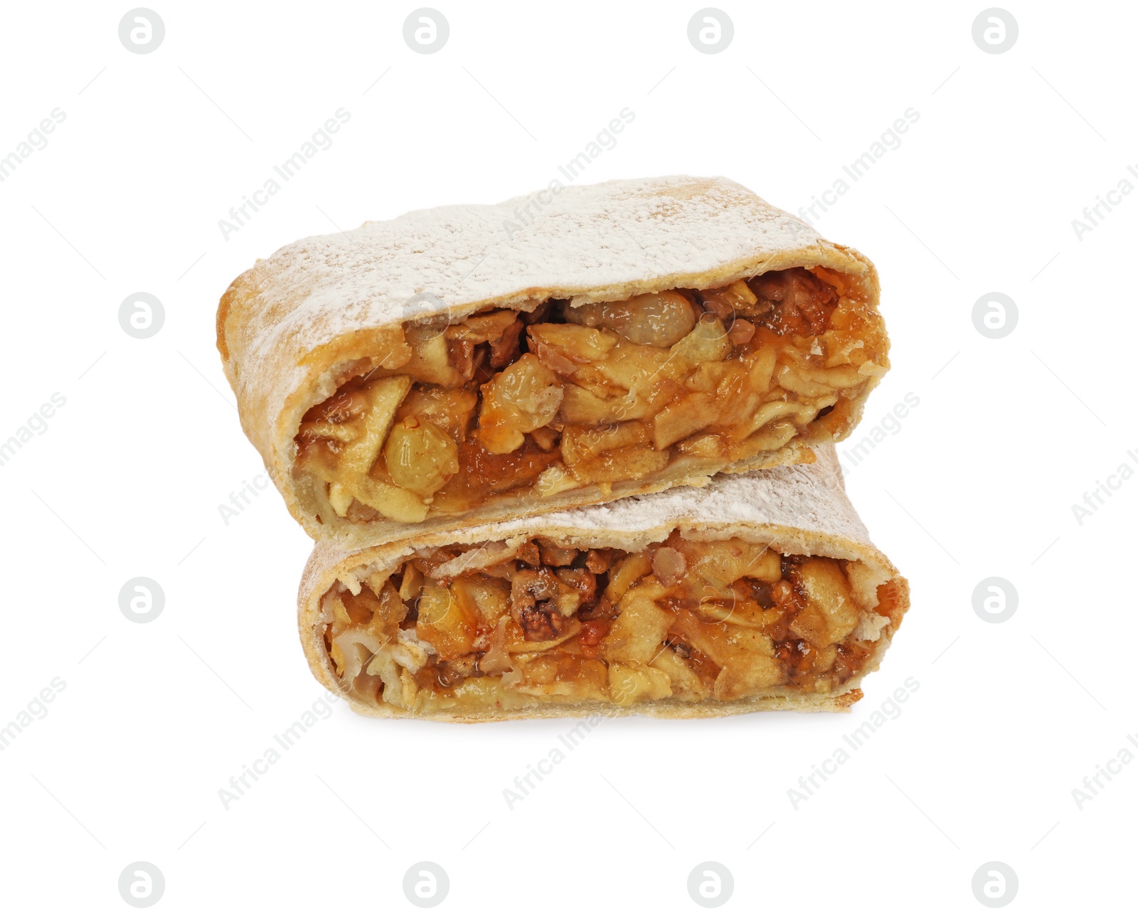 Photo of Delicious cut strudel with apples, nuts and raisins isolated on white