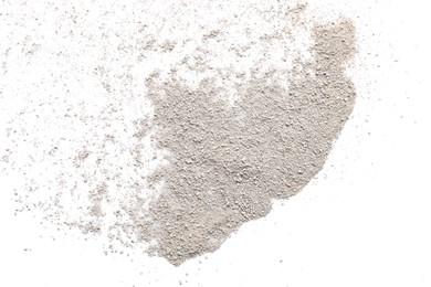 Photo of Pile of light dust scattered on white background, top view
