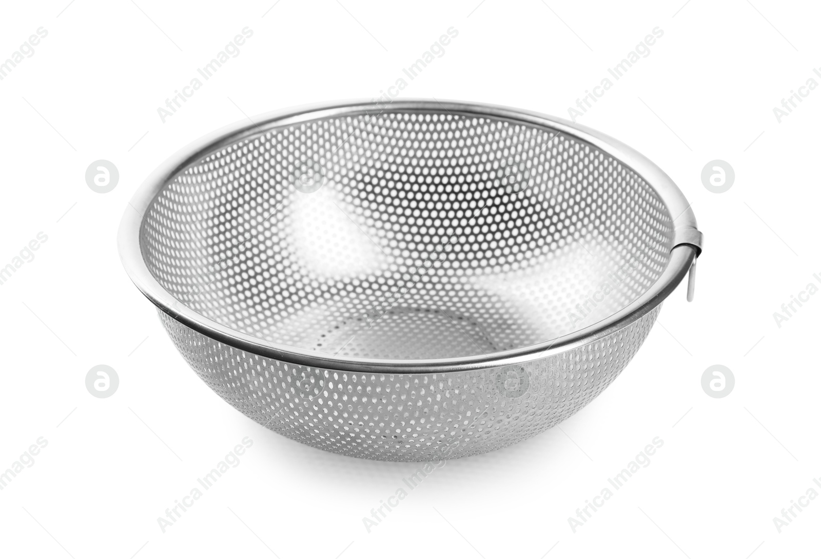 Photo of One metal sieve isolated on white. Kitchen utensil