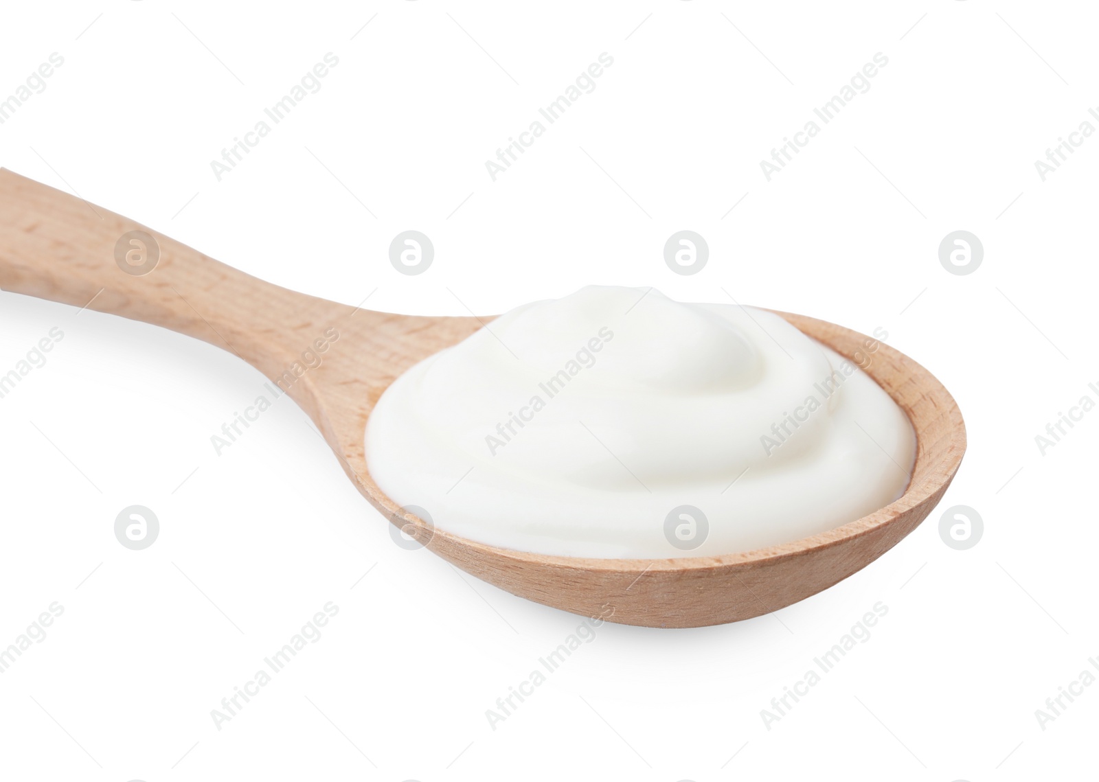 Photo of Delicious natural yogurt in spoon isolated on white