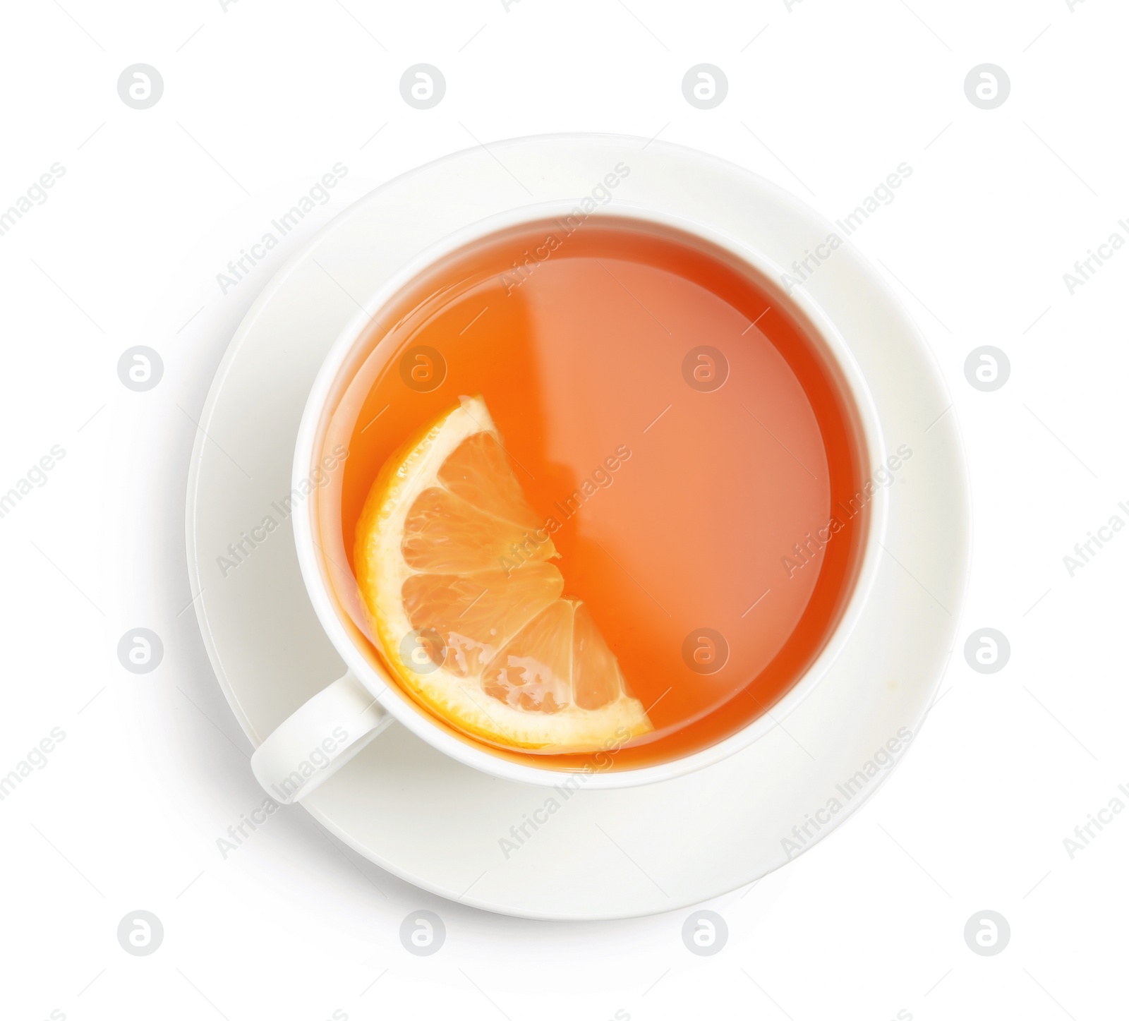 Photo of Cup of tea with lemon on white background, top view