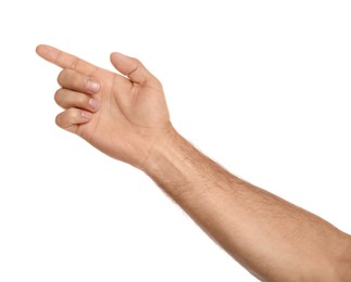 Man pointing at something on white background, closeup. Finger gesture